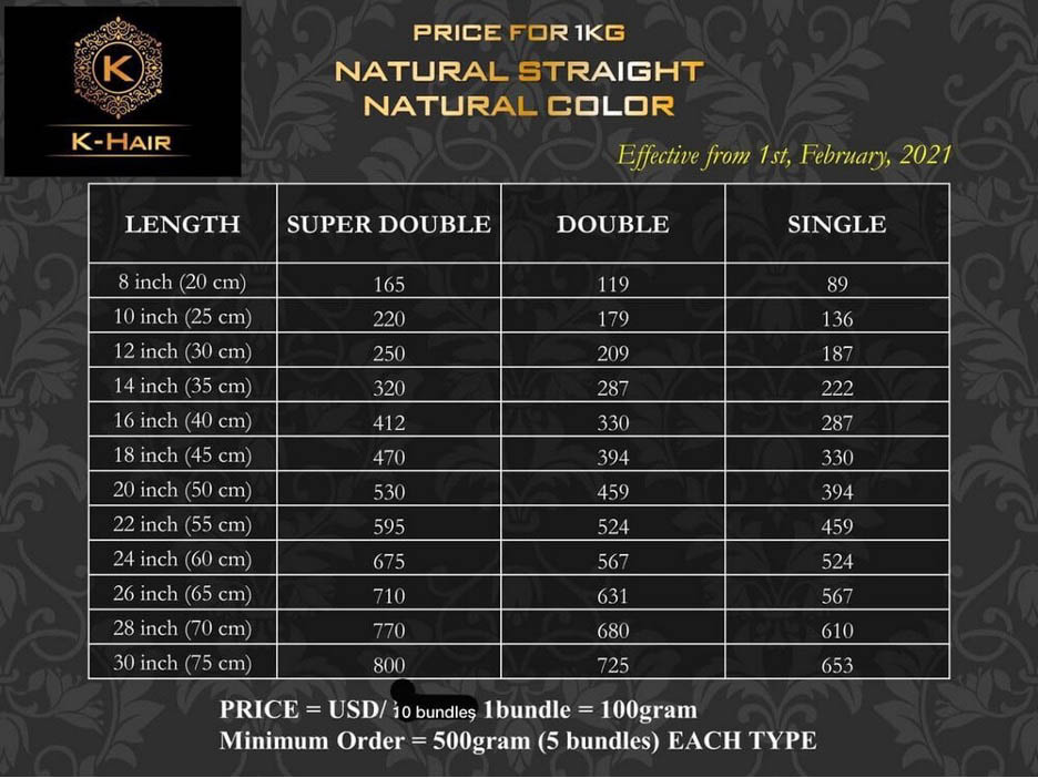 K-Hair natural straight natural colour hair weave price list
