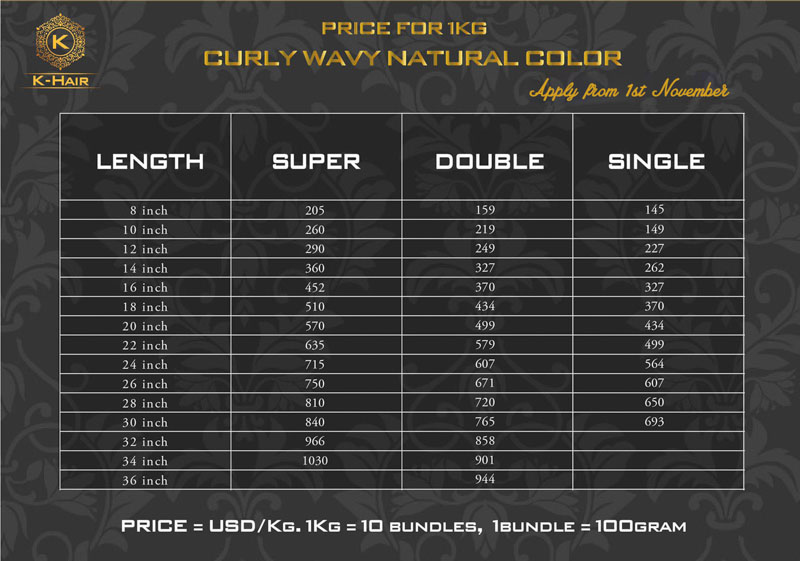Natural color wavy curly hair price list
