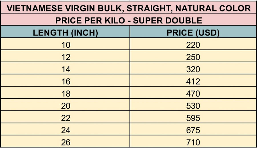 Vietnamese hair in bulk price list