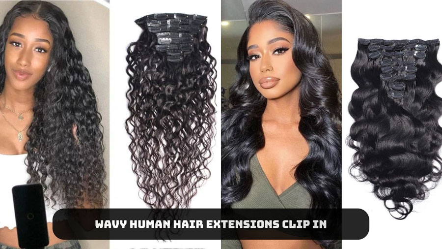 Wavy human hair extensions clip in